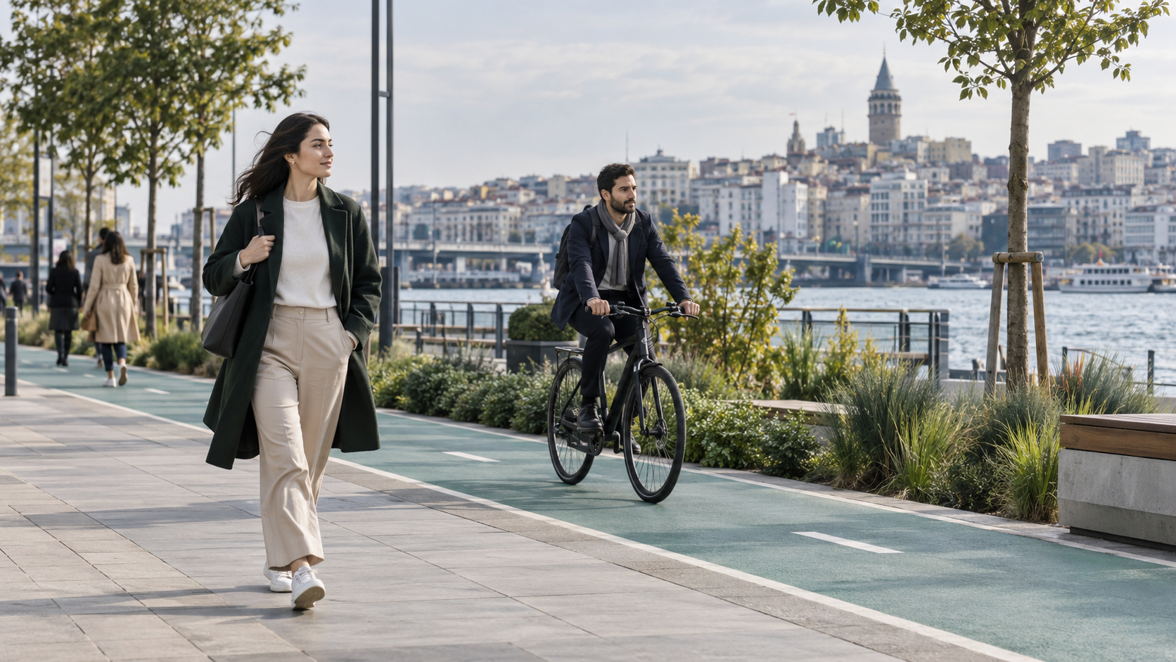 İstanbul kıyısında işe yürüyen ve bisiklet kullanan profesyoneller