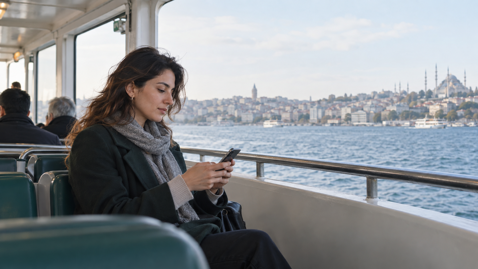 İstanbul vapurunda yolculuğu sırasında telefon kullanan bir yolcu